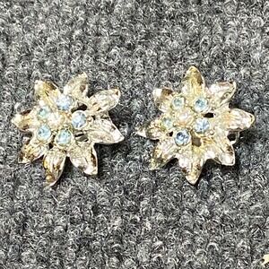 Vintage Silver Tone Flower Clip On Earrings with Blue Rhinestones Elegant Dressy
